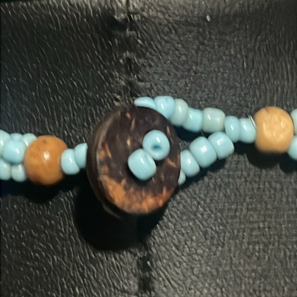AFRICAN TRADE BEAD Blue Brown White SHELL DISC NECKLACE Boho Chic - Picture 5 of 6